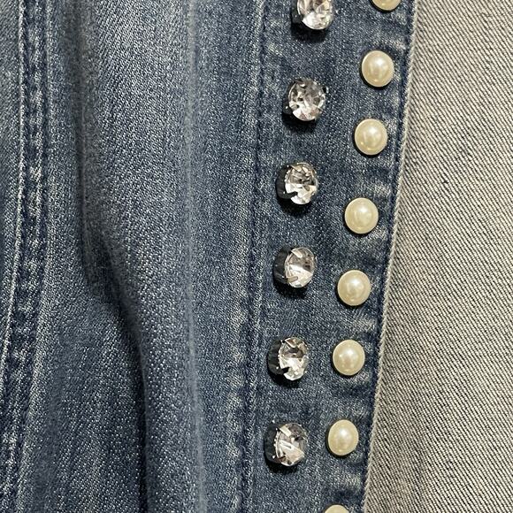 Chicos Platinum Denim Jacket Womens 3 Embellished Open Front Cuff Sleeves Pearls - Picture 6 of 10